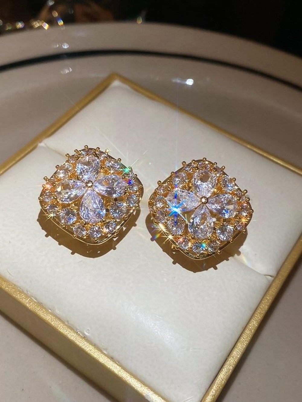 Gold Floral CZ Cluster Stud Earrings - Elegant Women Jewelry